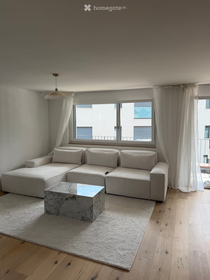 Modern living room with a light grey sectional sofa, a marble coffee table, a white shaggy rug, and large windows with white curtains.