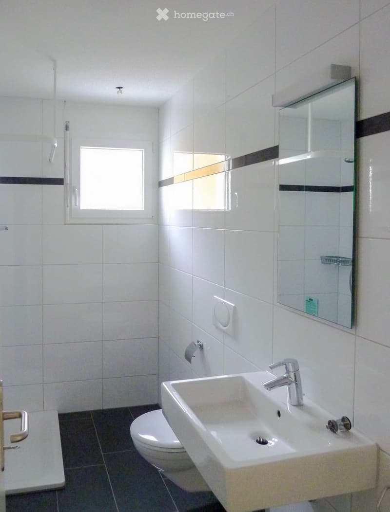 Modern bathroom with white tiles, a sink with a chrome faucet, a toilet, and a large mirror with a built-in shelf.