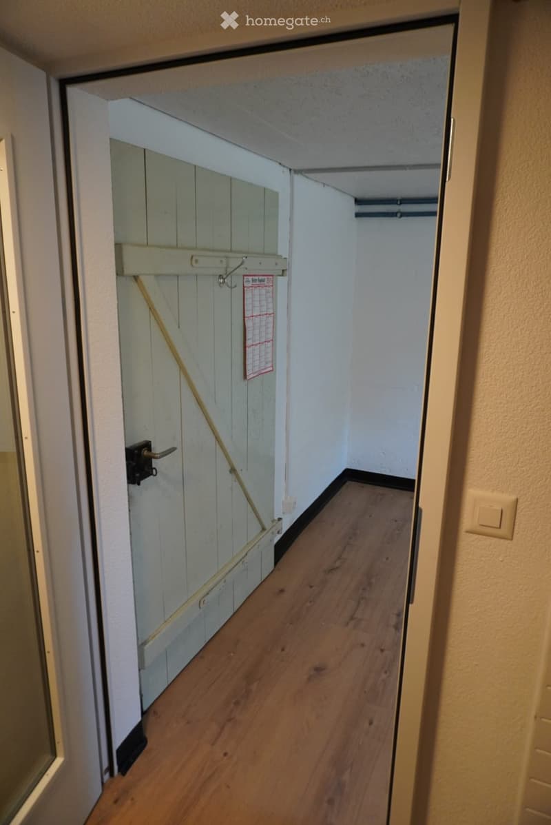 Narrow hallway with wooden flooring, white walls, and a partially open door leading to a closet area.