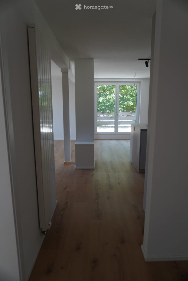 Empty hallway with wooden flooring, white walls, and a large glass door leading to an outdoor area.
