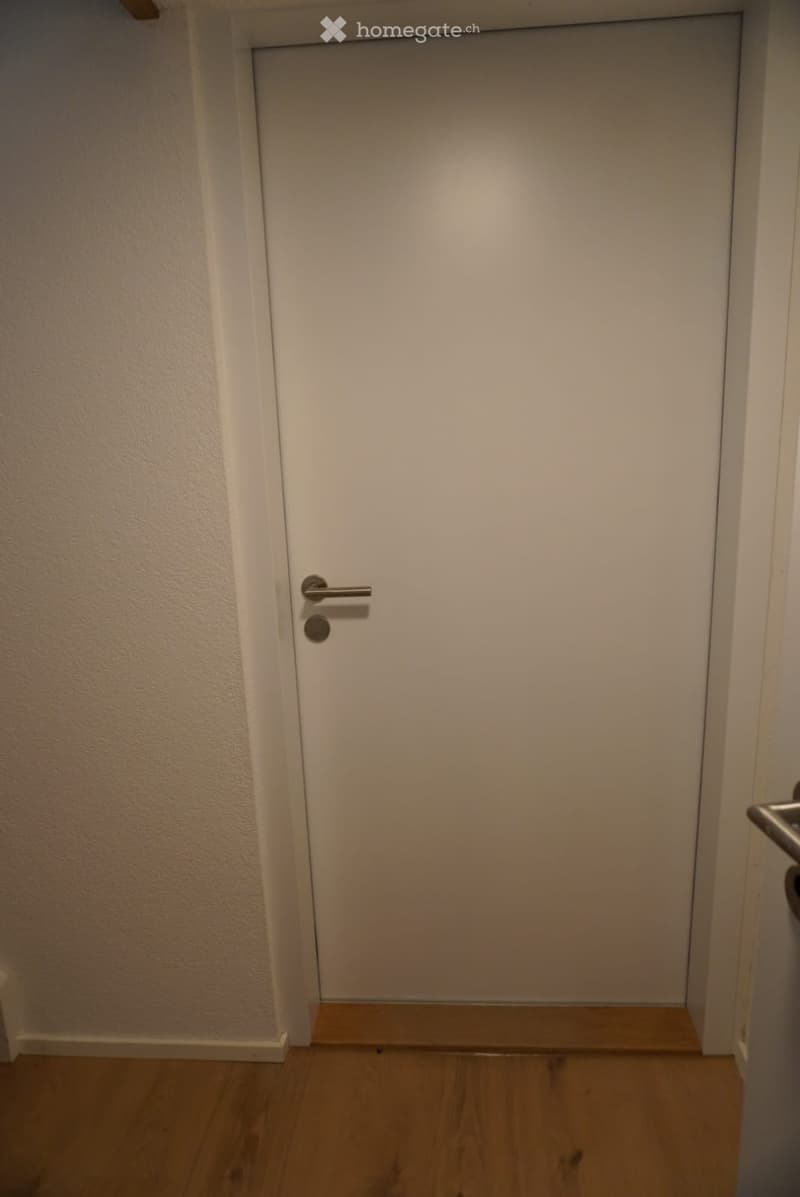 Empty hallway with a closed white door, wooden floor, and light-colored walls.