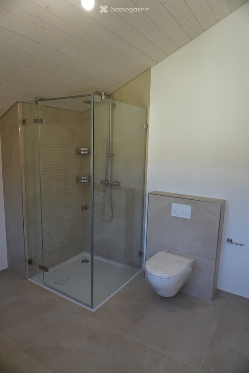 Modern bathroom with a glass-enclosed shower, toilet, and sleek fixtures. The shower features a modern glass enclosure with a built-in shelf and a handheld showerhead. The bathroom has a clean, contemporary design with neutral tones and a wooden slanted c