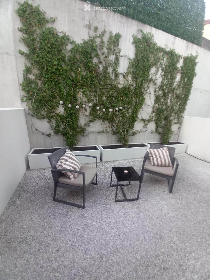 Modern outdoor patio with two wicker chairs, a small black table, and several rectangular planters against a concrete wall covered in climbing plants.
