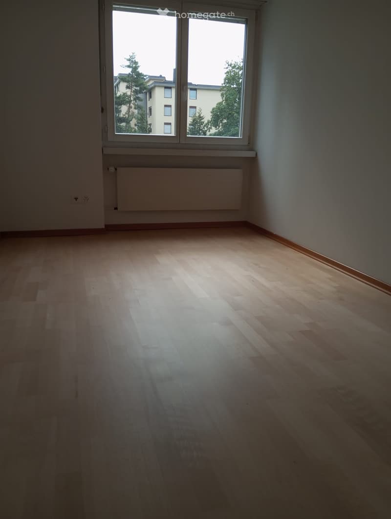 Empty room with wooden flooring, large window, radiator, and light switch visible.