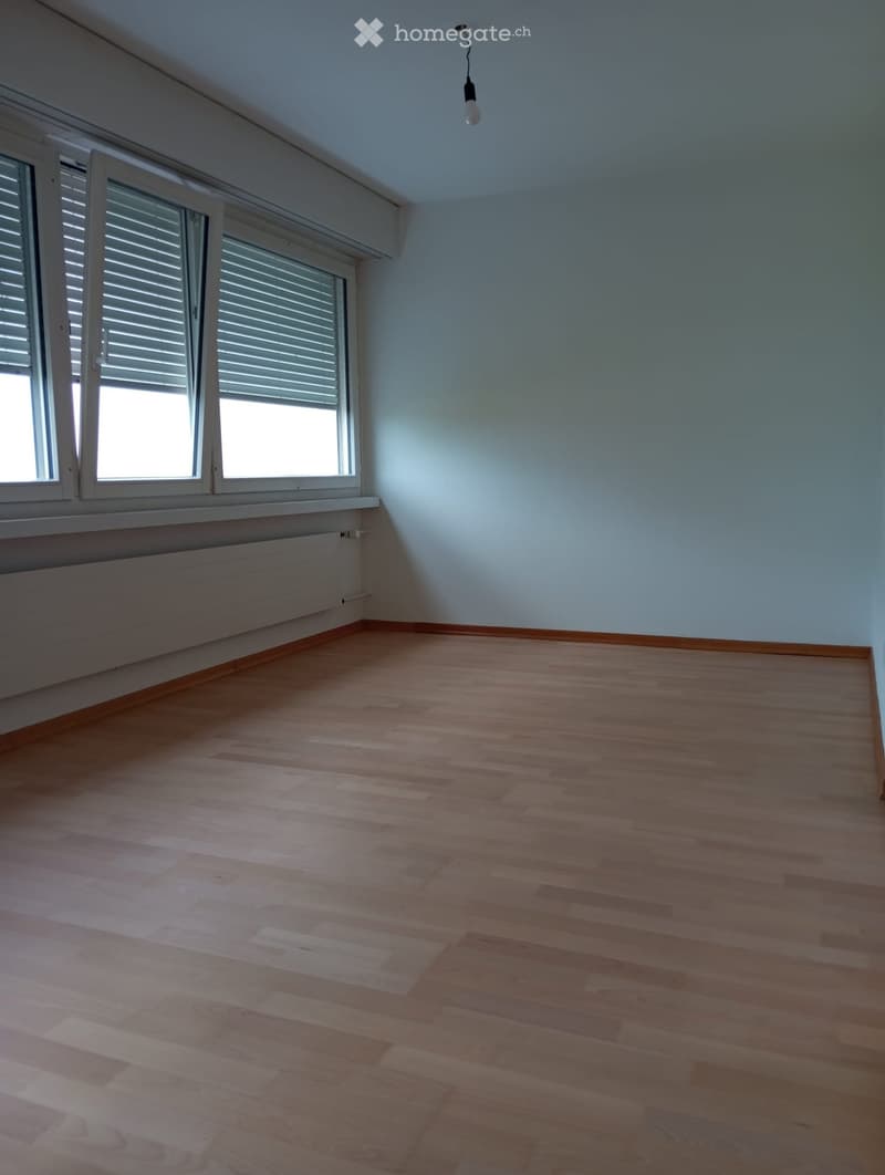 Empty room with wooden flooring, white walls, large windows with blinds, and a radiator under the windows.