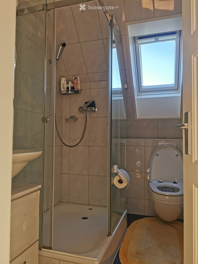 Modern bathroom with a bathtub, shower, toilet, and a small window above the toilet. Includes a toilet paper holder and a shelf with toiletries.