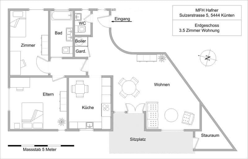 Floor plan of a 3.5-room apartment on the ground floor, including living room, kitchen, bedroom, bathroom, WC, boiler room, and garden area.