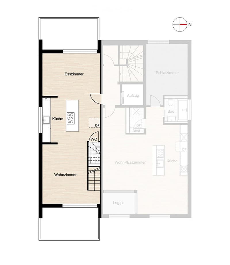 Floor plan of a multi-room apartment with living room, dining room, kitchen, bedroom, bathroom, and loggia.