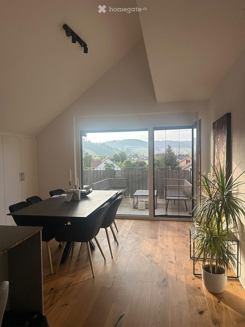 Bright dining area with wooden flooring, large sliding glass doors opening to a patio, modern black dining table and chairs, a bench, a stool, and a potted plant.