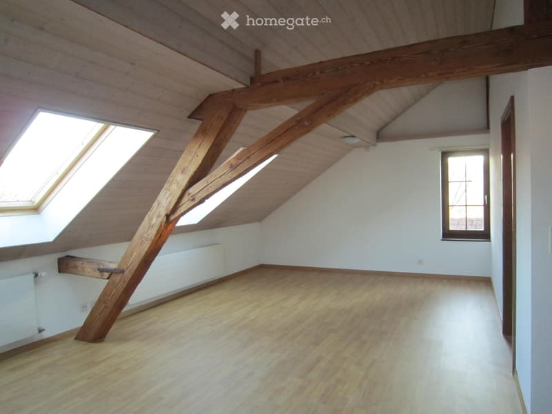 Empty attic room with wooden beams, skylights, and wooden flooring.