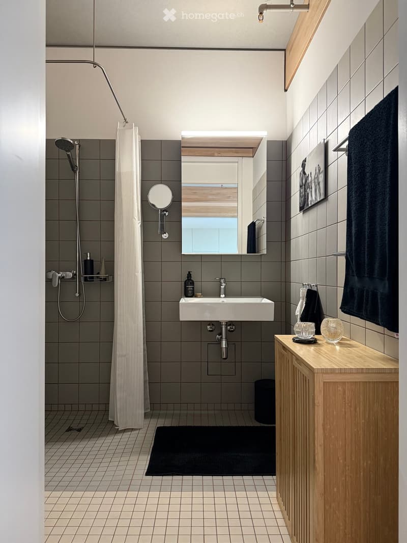 Modern bathroom with grey tiles, white sink, large mirror, shower area with curtain, wooden cabinet, and decorative items on the counter.