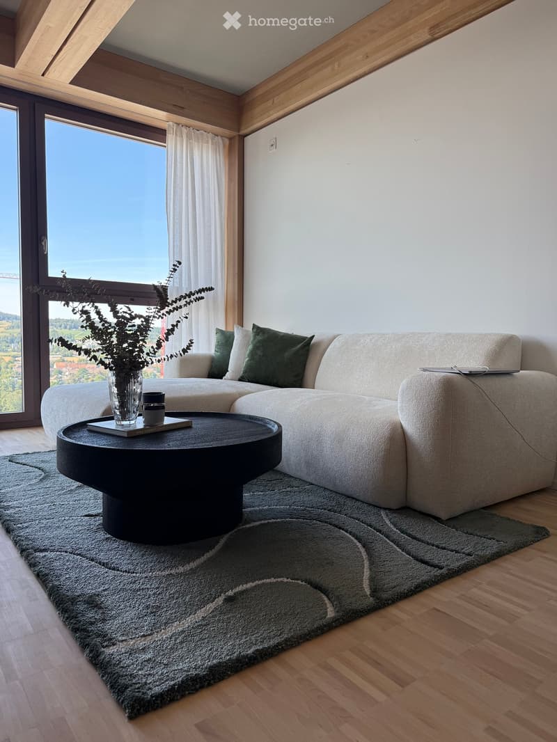Modern living room with a grey sectional sofa, black coffee table, grey rug, and a vase with greenery on the table. Large windows offer a scenic view.