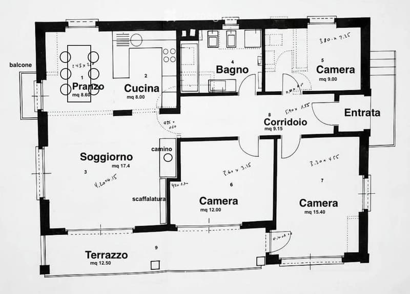Floor plan of a residential unit featuring a living room, kitchen, two bedrooms, bathroom, hallway, entrance, and balcony.