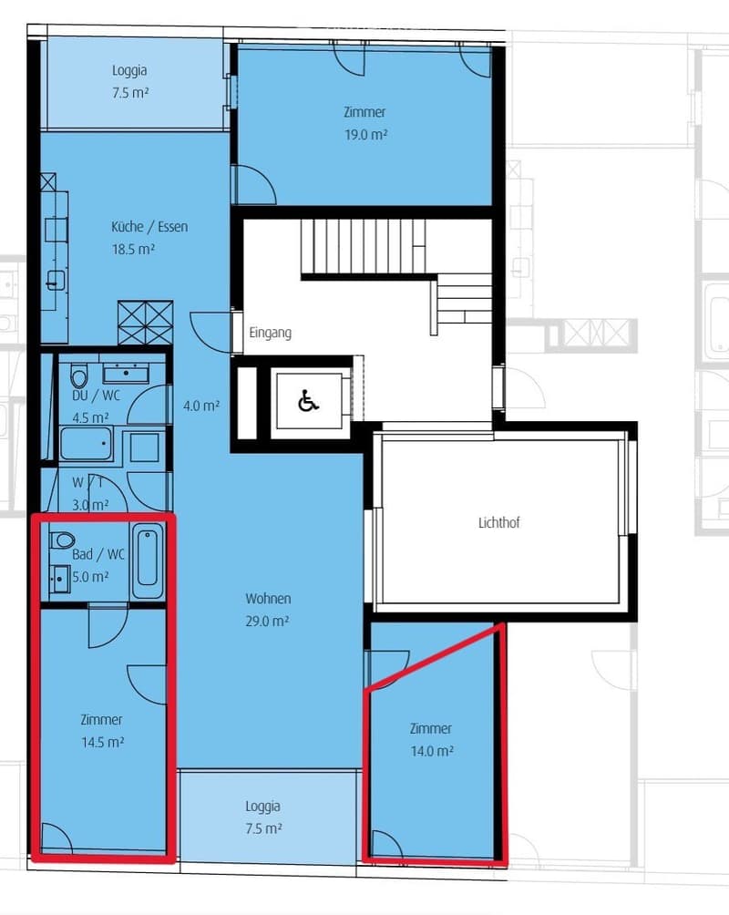 Floor plan of a 2-room apartment with a living area, kitchen, bedroom, bathroom, and loggia.