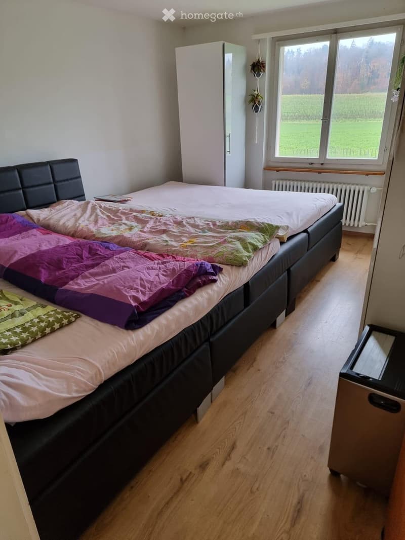 Cozy bedroom with a large double bed, colorful bedding, a wardrobe, and a window with a view of a green field.