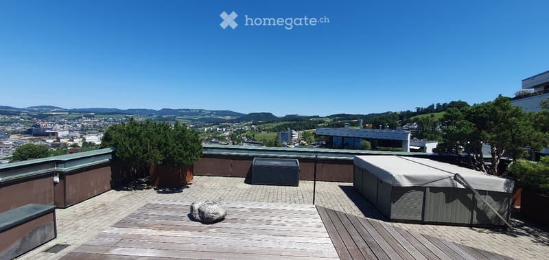 Rooftop terrace with wooden decking, hot tub, potted trees, and scenic city and mountain views.