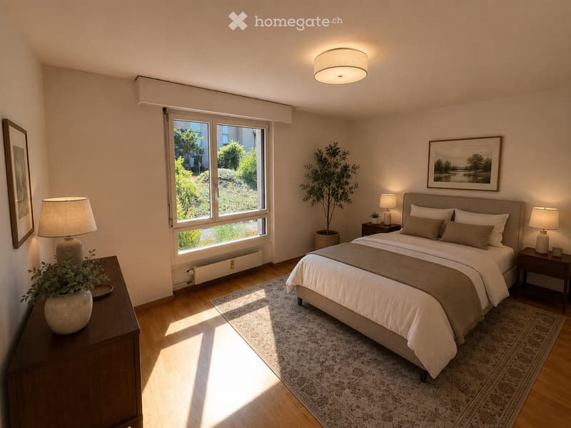 Modern bedroom with a large bed, nightstands, lamps, and a large window with a view of greenery outside.