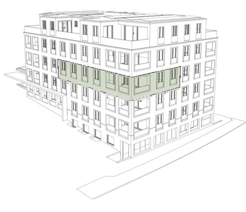 3D floor plan of a multi-story building with multiple windows and balconies.