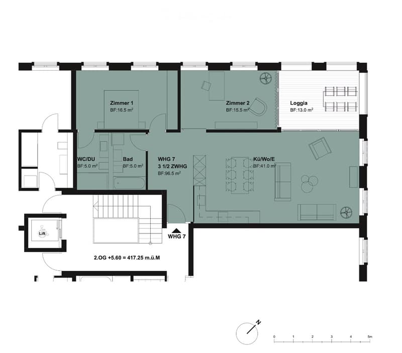 Floor plan of a 2-story building with multiple rooms including bedrooms, bathrooms, kitchen, living area, and a loggia.