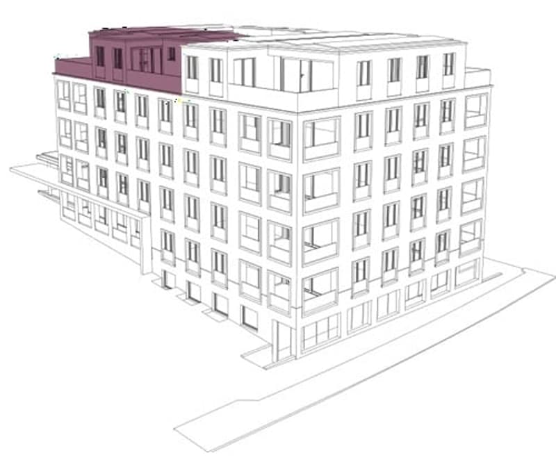 Architectural floor plan of a multi-story building with detailed layout of windows, doors, and structural elements.