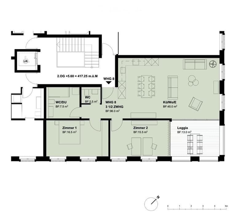 Floor plan of a 3.5-room apartment with a kitchen/living area, two bedrooms, a WC, and a loggia.