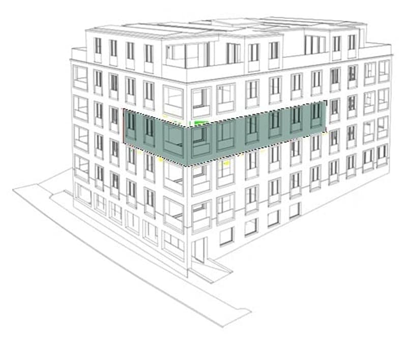 3D floor plan of a multi-story building with multiple windows and a highlighted section on the middle floor.