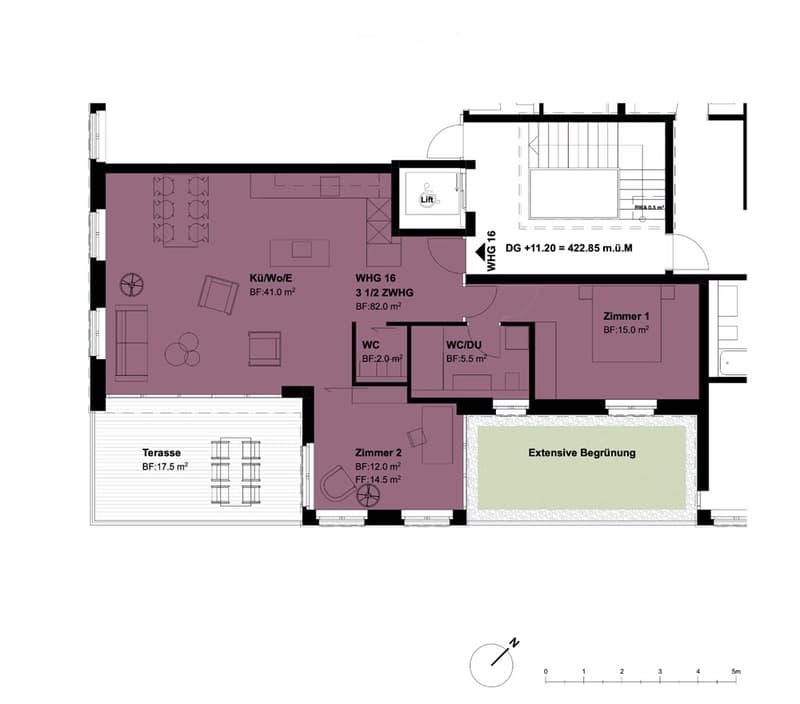 Floor plan of a 3.5-room apartment with living/dining area, two bedrooms, two bathrooms, and a terrace.