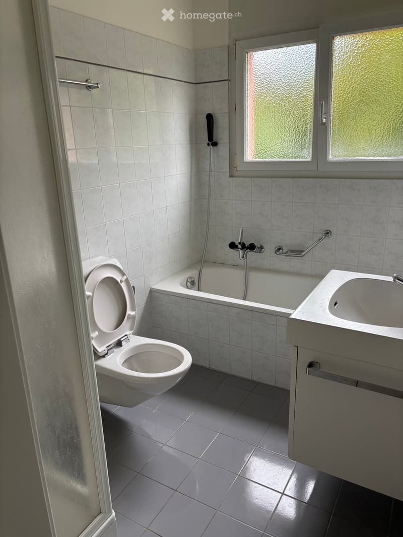 Modern bathroom with white tiled walls and floor, featuring a toilet, bathtub, sink, and shower hose.