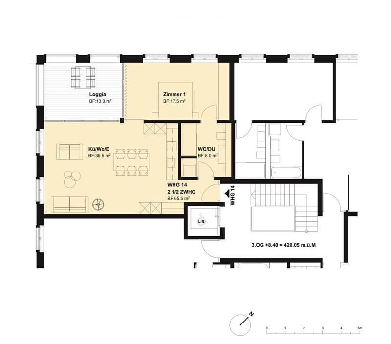 Floor plan of a 2.5-story apartment with a loggia, kitchen/dining area, bedroom, bathroom, and elevator access.
