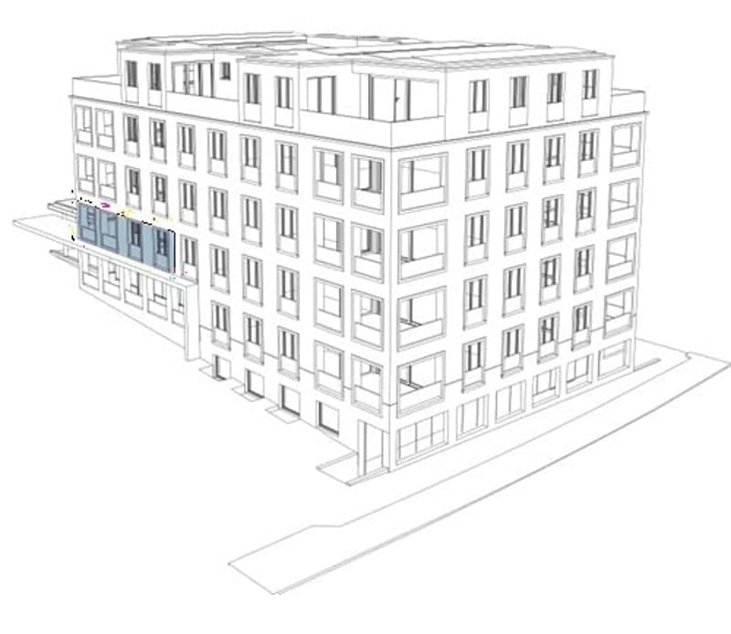 3D rendering of a multi-story building with numerous windows and a flat roof, featuring a small entrance area with a blue door and a small balcony on the first floor.