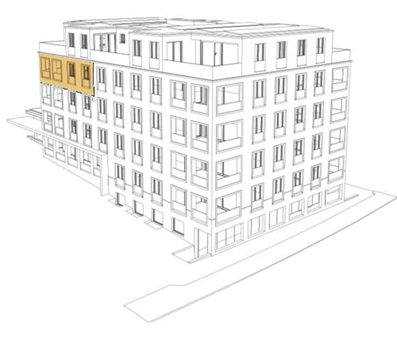 3D floor plan of a multi-story building with multiple windows and a highlighted section in yellow.