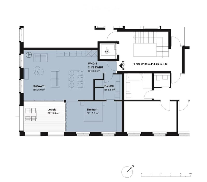Floor plan of a 2.5-room apartment with a kitchen/living area, bathroom, bedroom, and loggia.