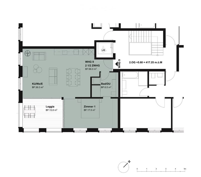 Floor plan of a 2.5-story apartment with a living/dining area, kitchen, bedroom, bathroom, and loggia.