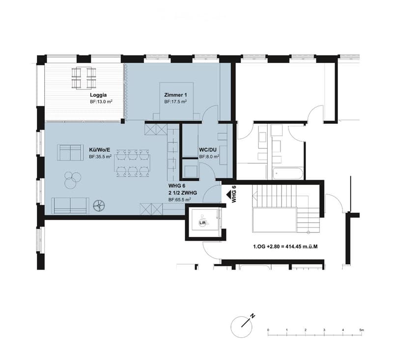 Floor plan of a 2.5-story apartment with a living/dining area, kitchen, bedroom, bathroom, and loggia.