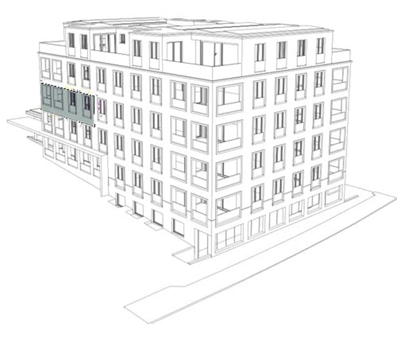 3D rendering of a multi-story building with numerous windows and a flat roof, featuring a green accent wall on one side.