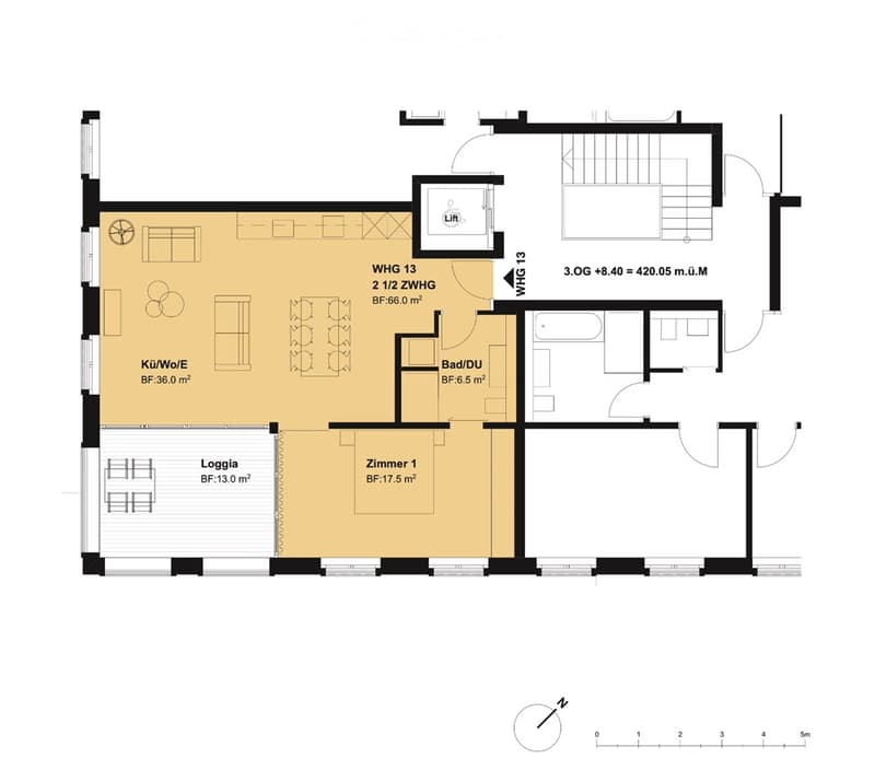Floor plan of a 2.5-room apartment with a kitchen/living area, bathroom, bedroom, and loggia. Includes a lift and total area of 420.05 m².
