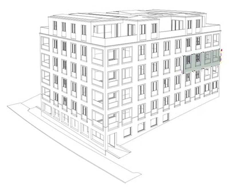 Isometric floor plan of a multi-story building with numerous windows and a rooftop terrace.