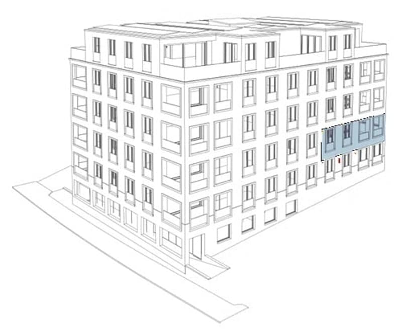Floor plan of a multi-story building with multiple windows and a highlighted section on the ground floor.