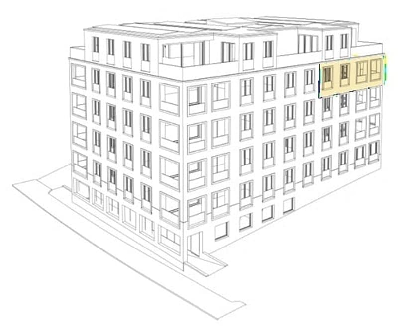 3D rendering of a multi-story building with numerous windows and a flat roof, showing highlighted sections on the top floor.