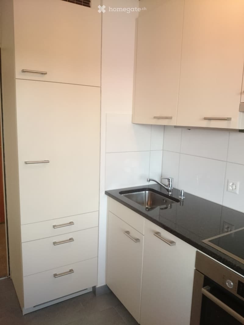 Modern kitchen with white cabinets, black countertop, stainless steel sink, and built-in oven.