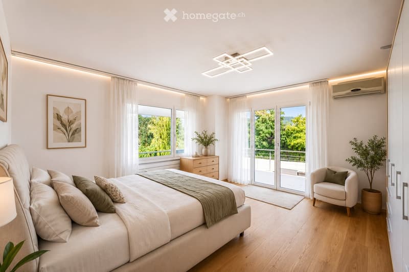 Modern bedroom with a large bed, nightstand, armchair, and large windows with a view of greenery. Features include built-in lighting, air conditioning, and decorative plants.