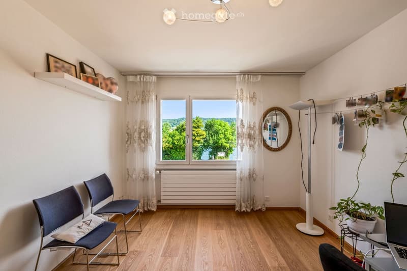 A modern, well-lit room with wooden flooring, large windows offering a scenic view, and several pieces of furniture including chairs, a laptop, a mirror, a small table, and a potted plant. Shelves with picture frames and a floor lamp are also present.