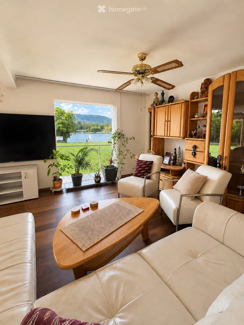 Bright living room with white leather sofa, coffee table, armchair, potted plants, and a scenic view of a lake and mountains through large windows.
