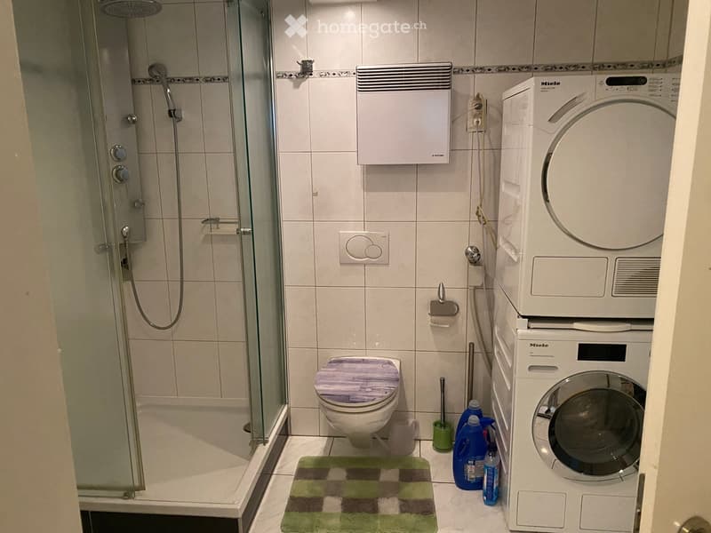 Modern bathroom with a glass-enclosed shower, toilet, washing machine, and cleaning supplies on the floor.