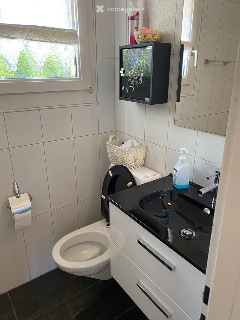 Modern bathroom with white tiles, black countertop sink, toilet, mirror, and storage cabinet. Includes a wicker basket on the toilet tank and a soap dispenser on the sink.