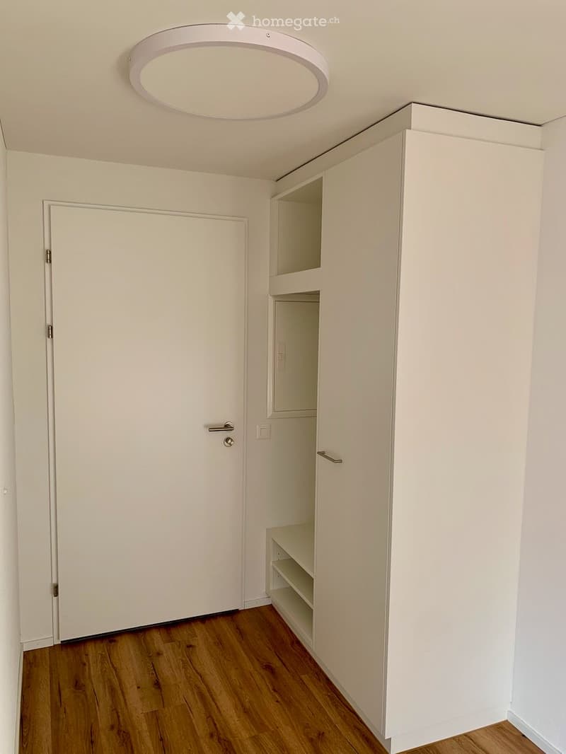 Empty room with wooden flooring, white walls, a closed door, and a built-in closet with shelves. A round ceiling light fixture is visible.