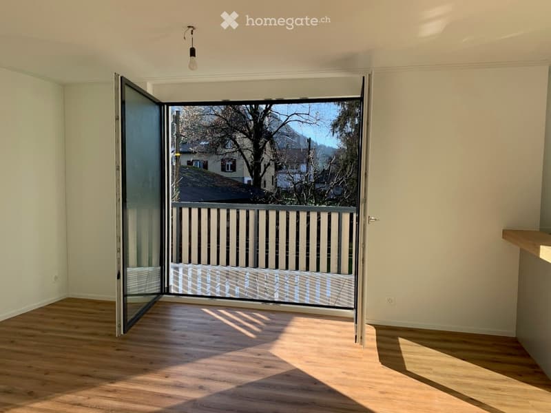 Empty room with wooden flooring, white walls, and a large sliding glass door leading to a balcony with a metal railing.