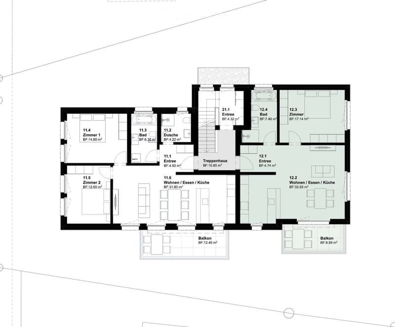 Floor plan of a residential unit featuring two bedrooms, two bathrooms, two living/dining/kitchen areas, two entrances, a staircase, and two balconies.
