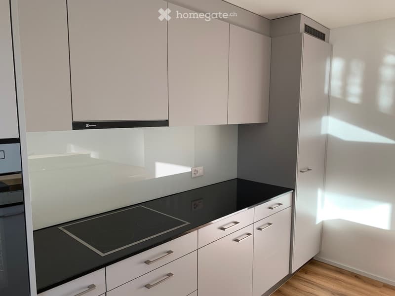 Modern kitchen with white cabinets, black countertop, and an induction stove. Features a sleek backsplash and wooden flooring.