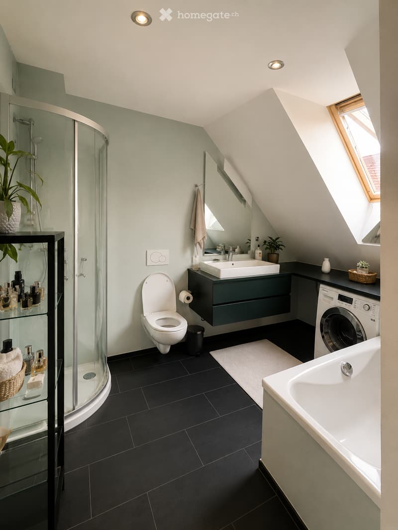 Modern bathroom with black tiles, white fixtures, a glass-enclosed shower, a sink with a cabinet, a toilet, a washing machine, and decorative plants.